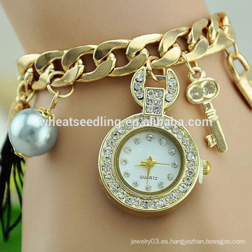 2015 La señora excelente trenzó el reloj pendiente de la porcelana del diamante de la cadena del oro de la llave de la perla